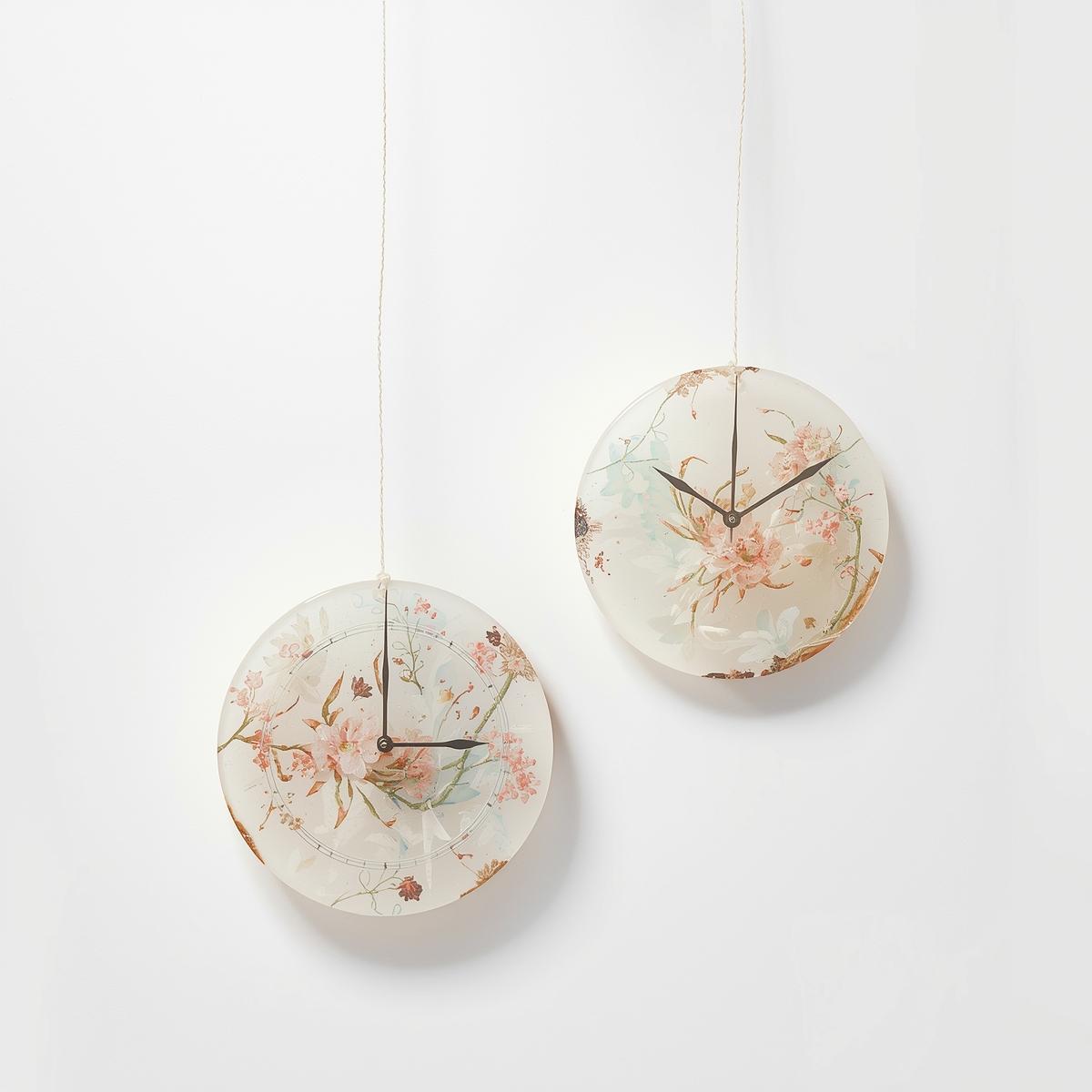 create 2 resin art clock hanging on a seperate string form top without shadows and withe backroung one string should be bigger then other and make it beautiful with light colors
